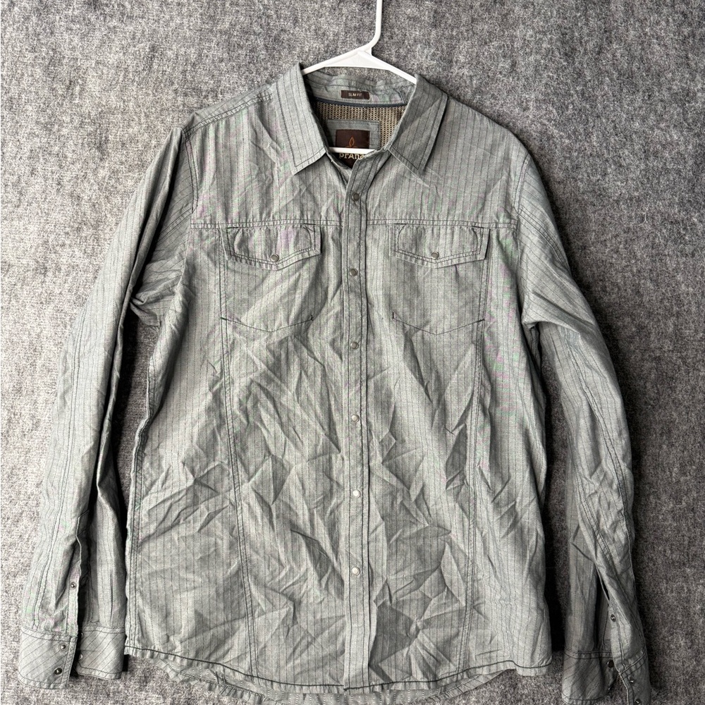 Prana Long Sleeve Snap Shirt Gray Striped Slim Fit Size L Outdoor Western Vibe